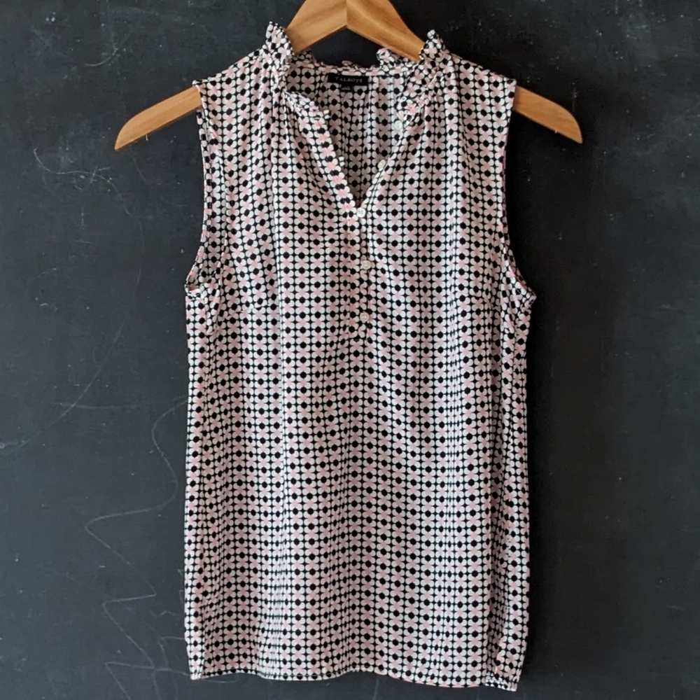 New Talbots Sleeveless Blouse Ruffle Neck Sz XS Pink Black